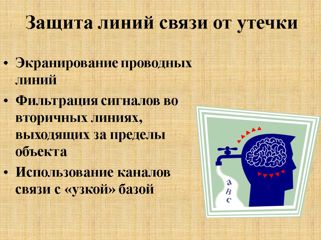 Защита линий связи от утечки Экранирование проводных линий Фильтрация сигналов во вторичных линиях, выходящих